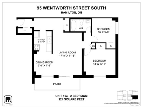 A floor plan for a 924 square feet apartment at 95 Wentworth Street South, Hamilton, On.